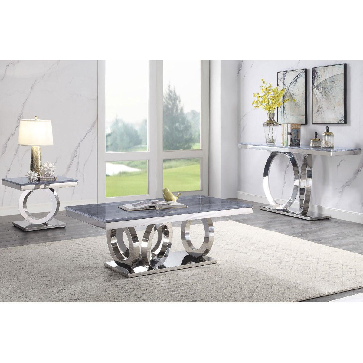 Zasir Gray Printed Faux Marble & Mirrored Silver Finish Table Set Half Price Furniture