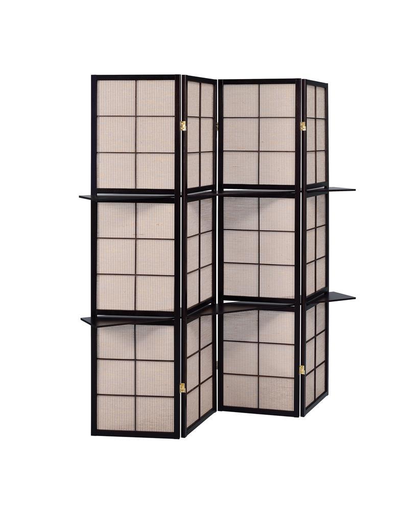 Iggy 4-panel Folding Screen with Removable Shelves Tan and Cappuccino - Half Price Furniture