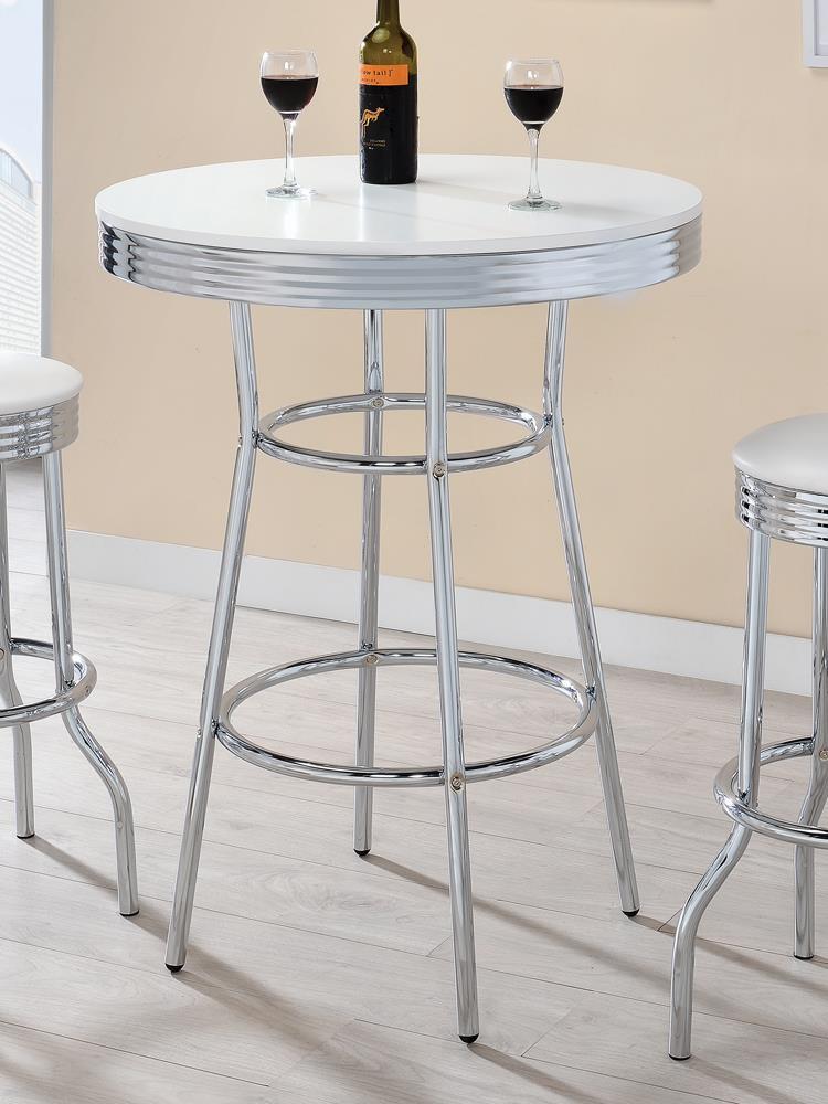 Theodore Round Bar Table Chrome and Glossy White Theodore Round Bar Table Chrome and Glossy White Half Price Furniture