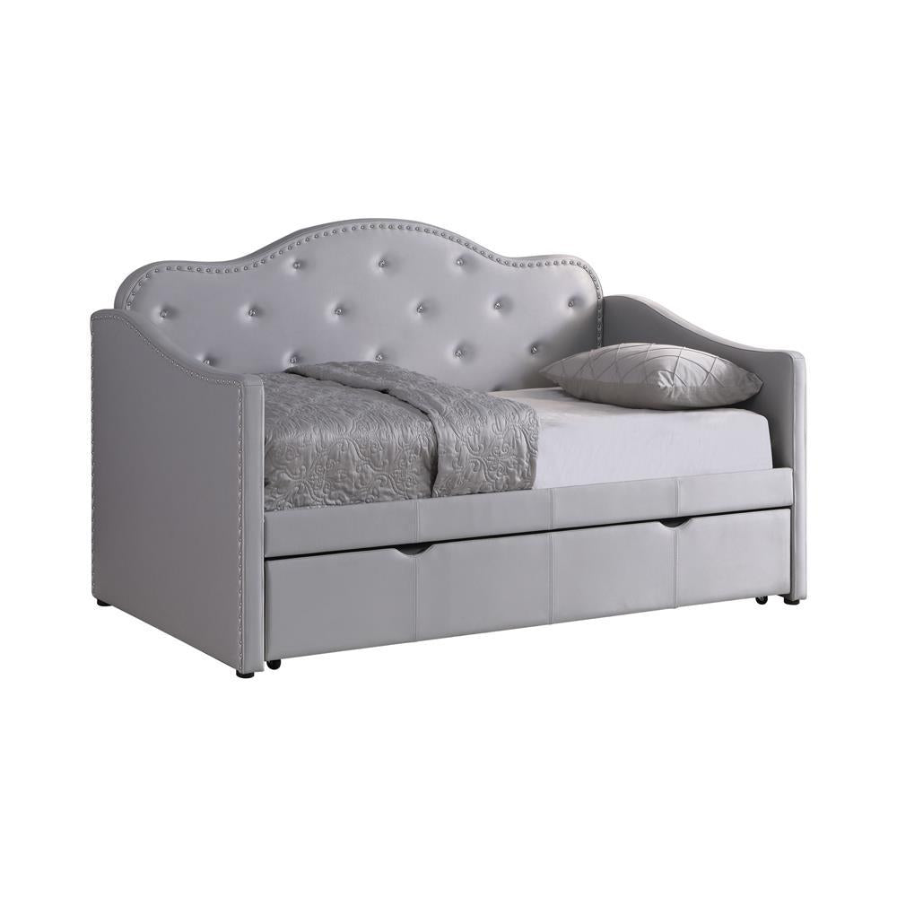 Elmore Upholstered Twin Daybed with Trundle Pearlescent Grey Elmore Upholstered Twin Daybed with Trundle Pearlescent Grey Half Price Furniture