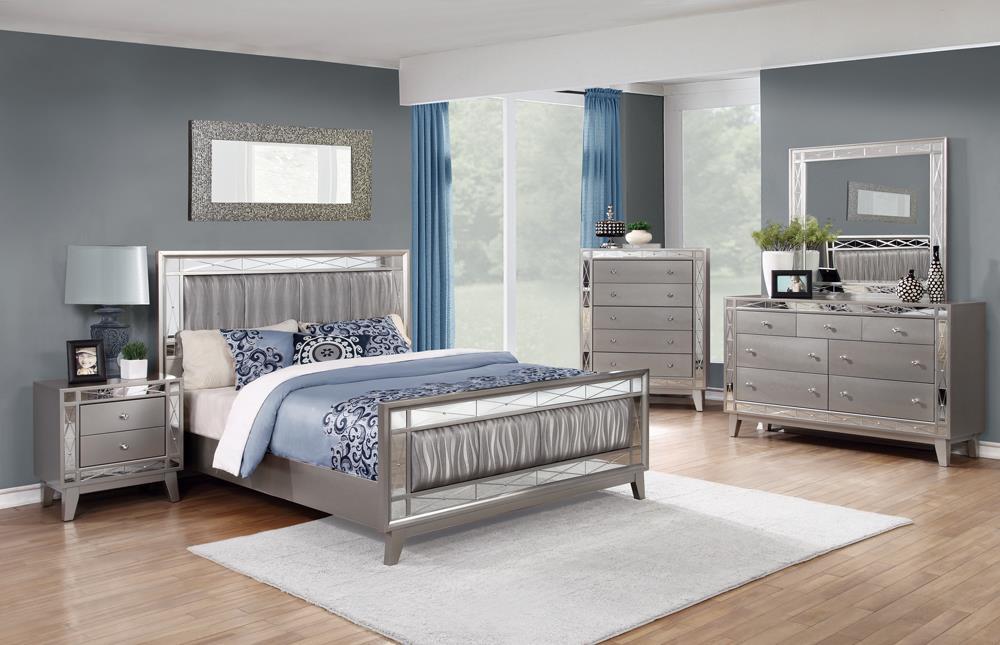 Leighton Eastern King Panel Bed with Mirrored Accents Mercury Metallic - Bed - Half Price Furniture