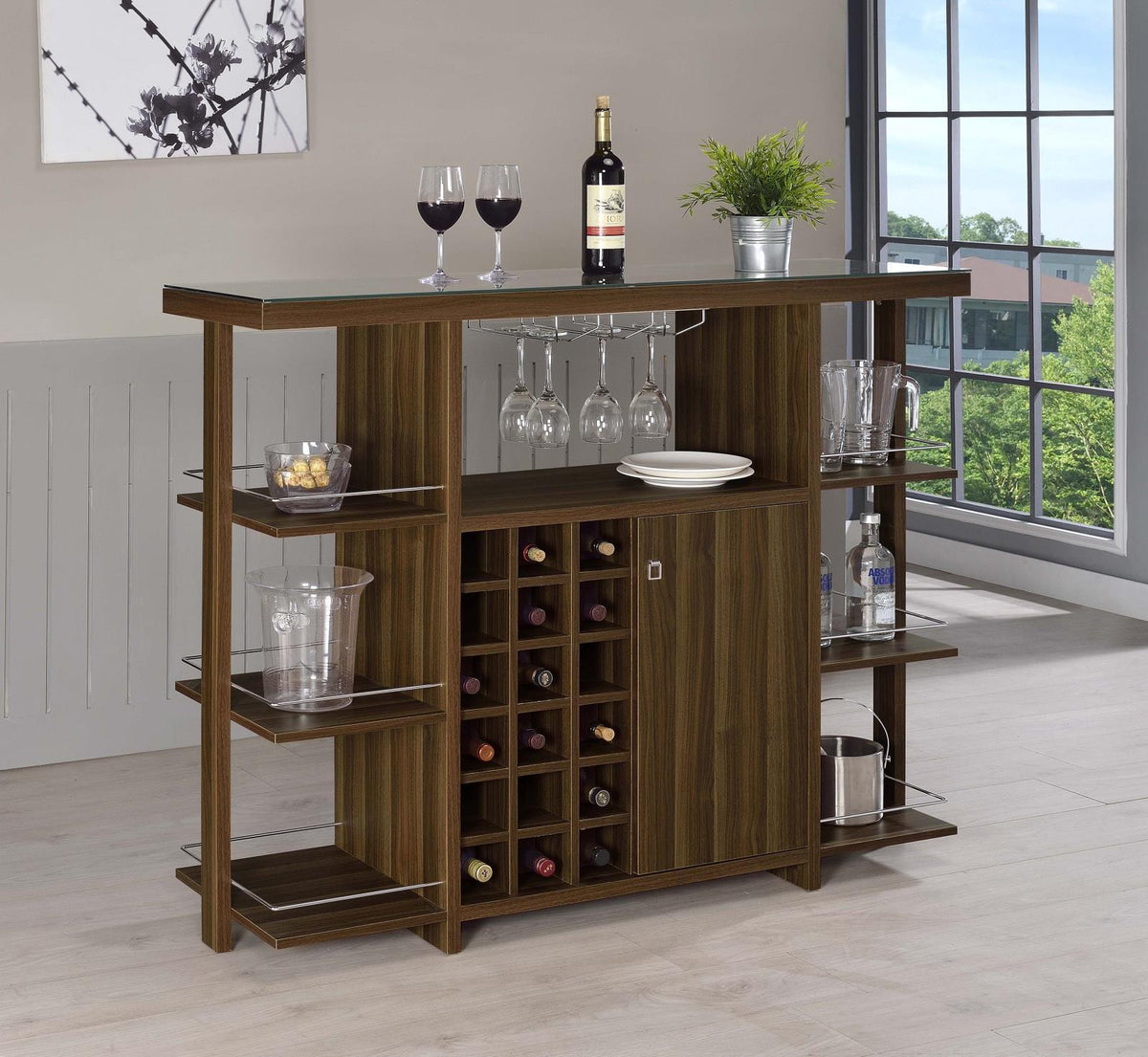 Evelio Bar Unit with Wine Bottle Storage Walnut - Half Price Furniture