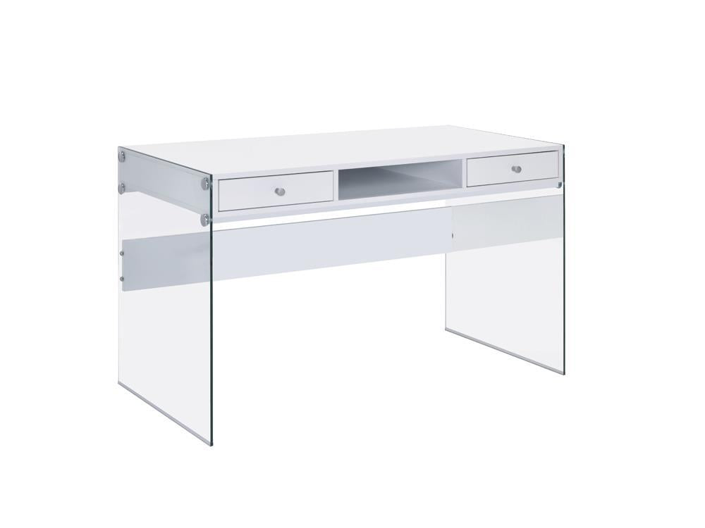 Dobrev 2-drawer Writing Desk Glossy White and Clear - Desk - Half Price Furniture