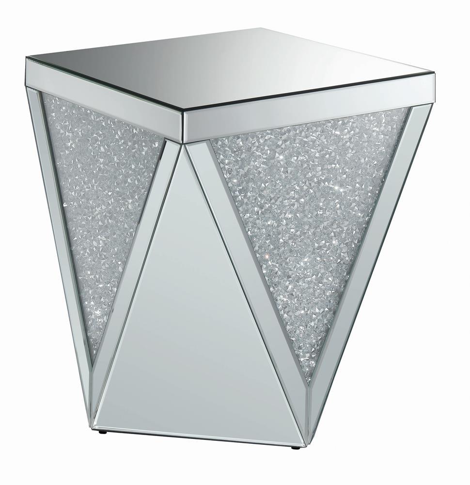Amore Square End Table with Triangle Detailing Silver and Clear Mirror Amore Square End Table with Triangle Detailing Silver and Clear Mirror Half Price Furniture