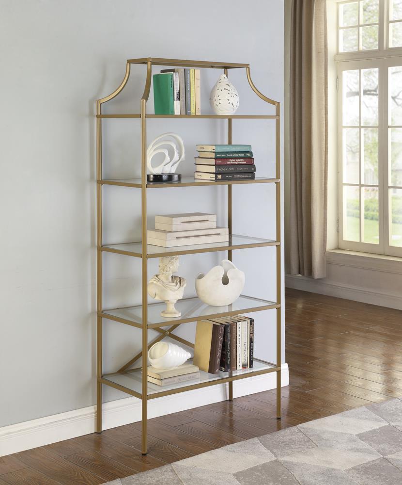 Serena 5-tier Tempered Glass Shelves Bookcase Matte Gold Half Price Furniture