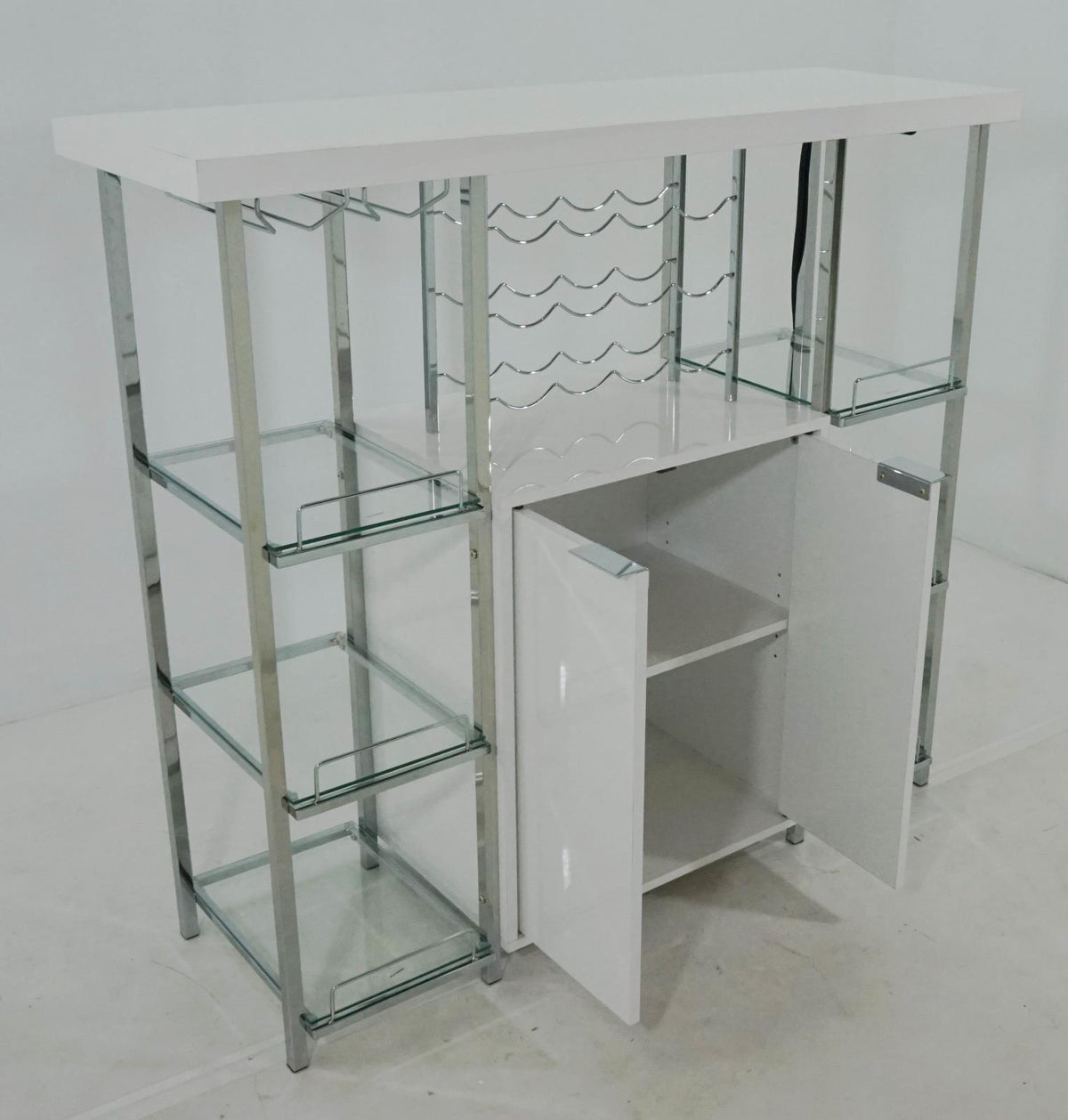 Gallimore 2-door Bar Cabinet with Glass Shelf High Glossy White and Chrome - Wine Cabintet - Half Price Furniture