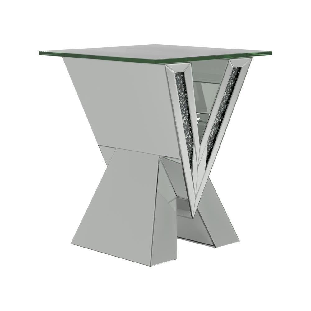 Taffeta V-shaped End Table with Glass Top Silver  Las Vegas Furniture Stores