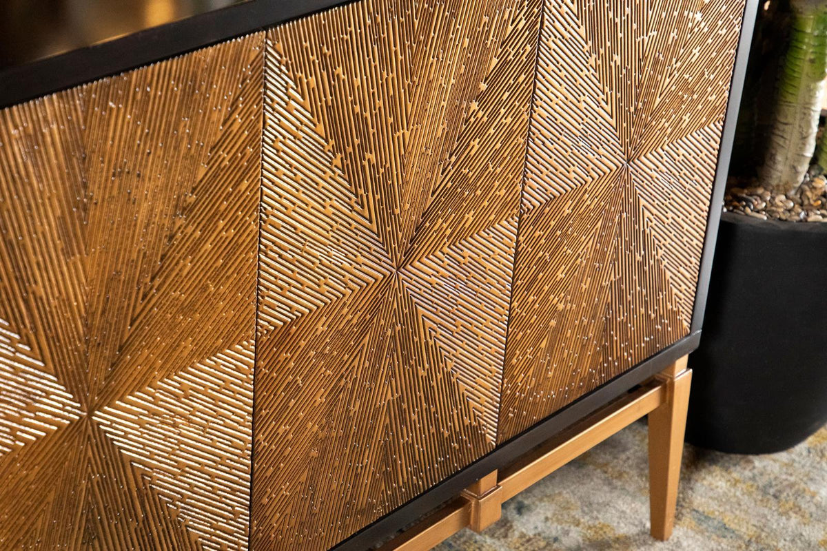 Zira Sunburst 4-door Accent Cabinet Brown and Antique Gold Half Price Furniture