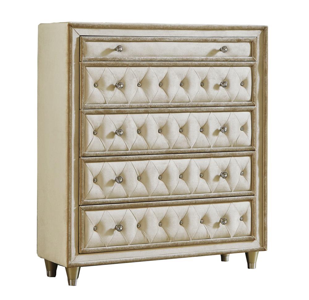 Antonella 5-drawer Upholstered Chest Ivory and Camel - Half Price Furniture
