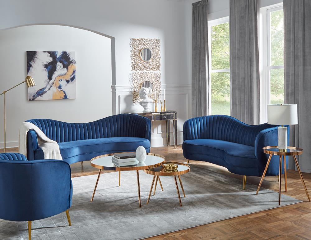 Sophia Upholstered Camel Back Loveseat Blue Half Price Furniture