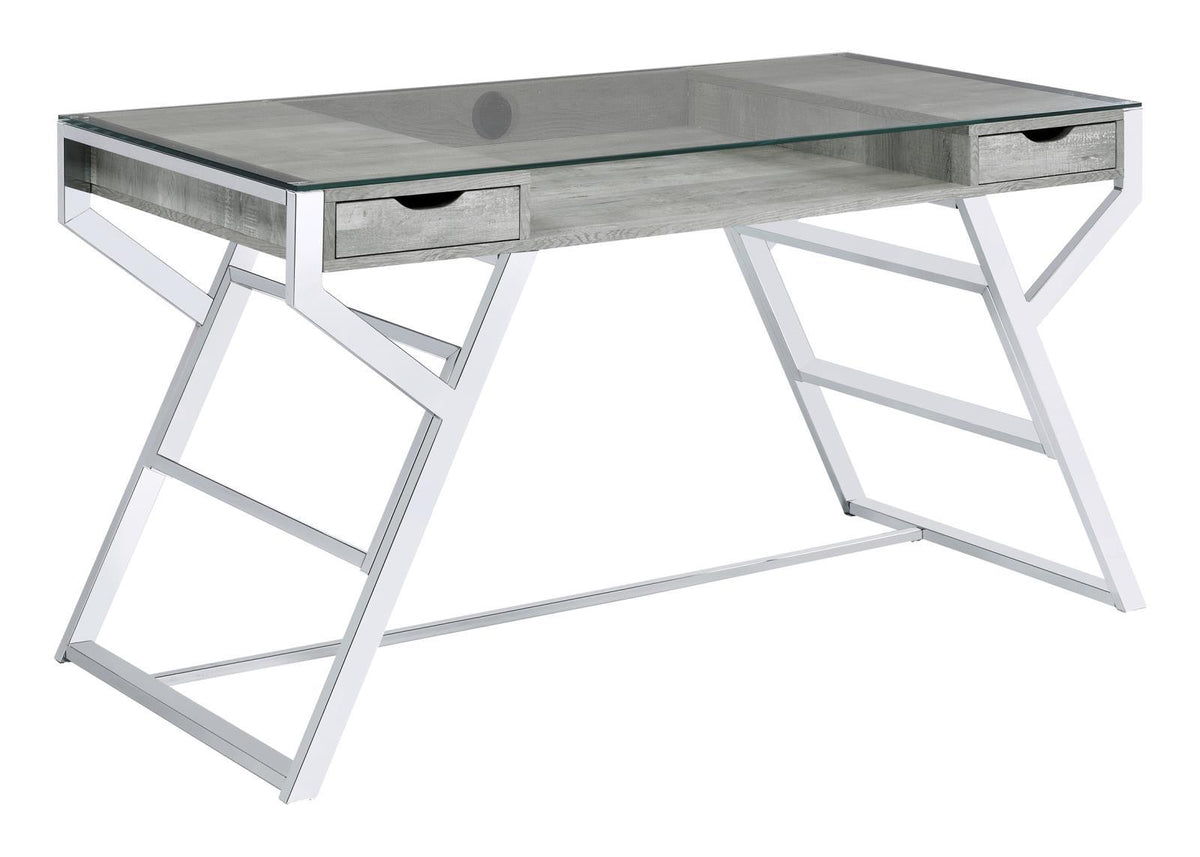 Emelle 2-drawer Glass Top Writing Desk Grey Driftwood and Chrome - Half Price Furniture