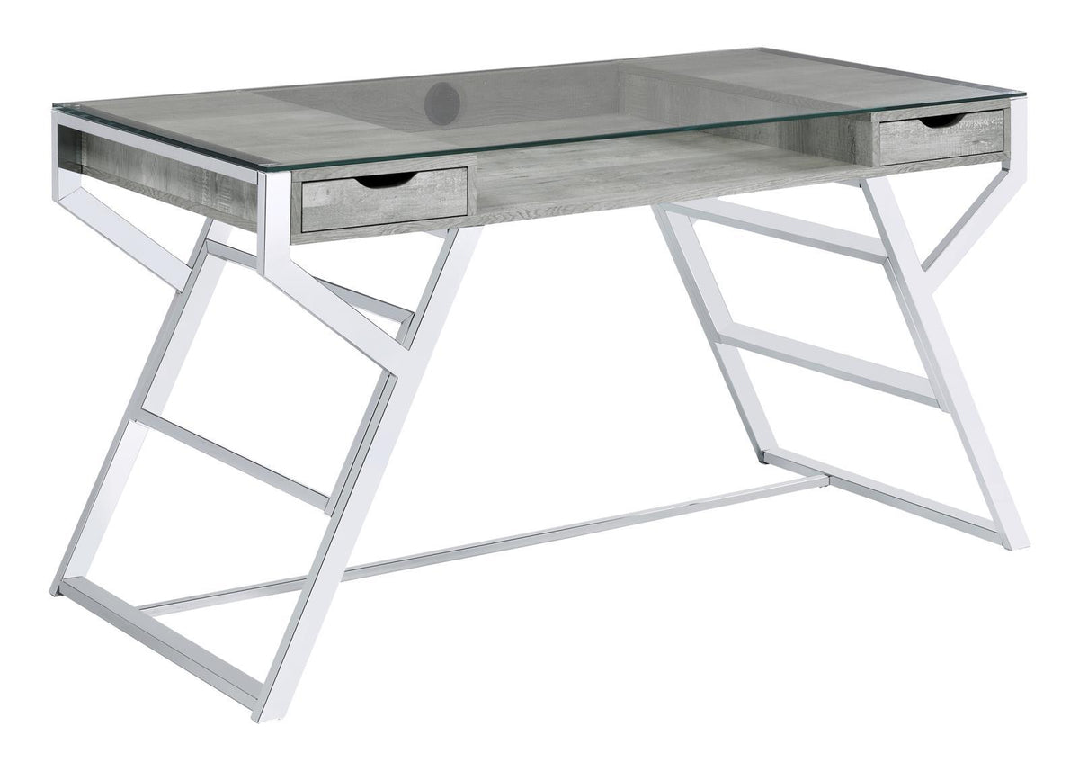 Emelle 2-drawer Glass Top Writing Desk Grey Driftwood and Chrome - Desk - Half Price Furniture