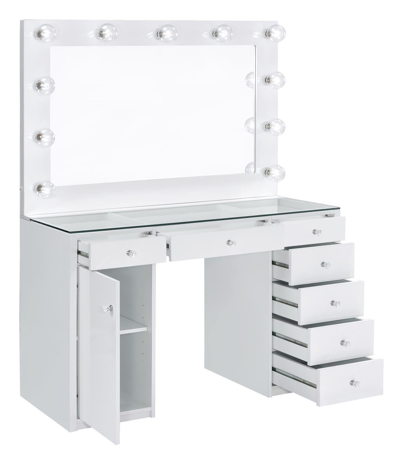 Percy 7-drawer Glass Top Vanity Desk with Lighting White  Las Vegas Furniture Stores