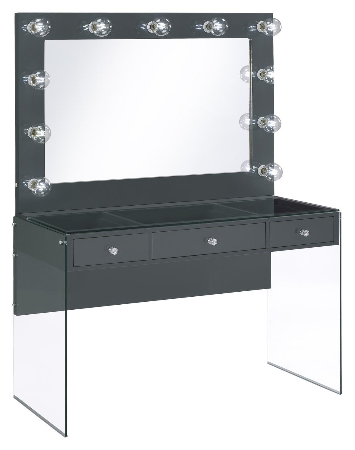 Afshan 3-drawer Vanity Desk with Lighting Mirror Grey High Gloss Afshan 3-drawer Vanity Desk with Lighting Mirror Grey High Gloss Half Price Furniture