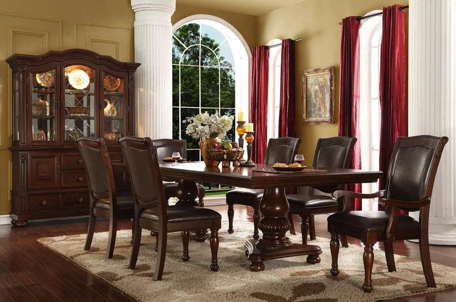 Brown Wood Dining Table Set - Traditional 7 Pc. Dining Table and Chairs with Double Pedestal - Half Price Furniture