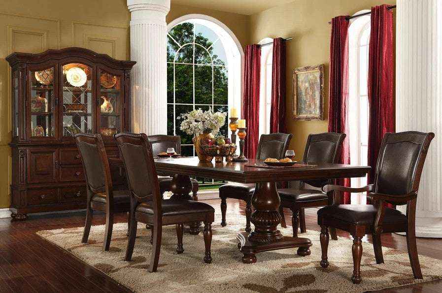 Brown Wood Dining Table Set - Traditional 7 Pc. Dining Table and Chairs with Double Pedestal