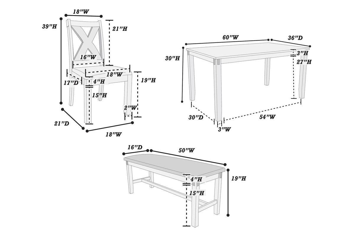 Dimensions: table 60x36x30, chair 18x21x39, bench 50x16x19 inches