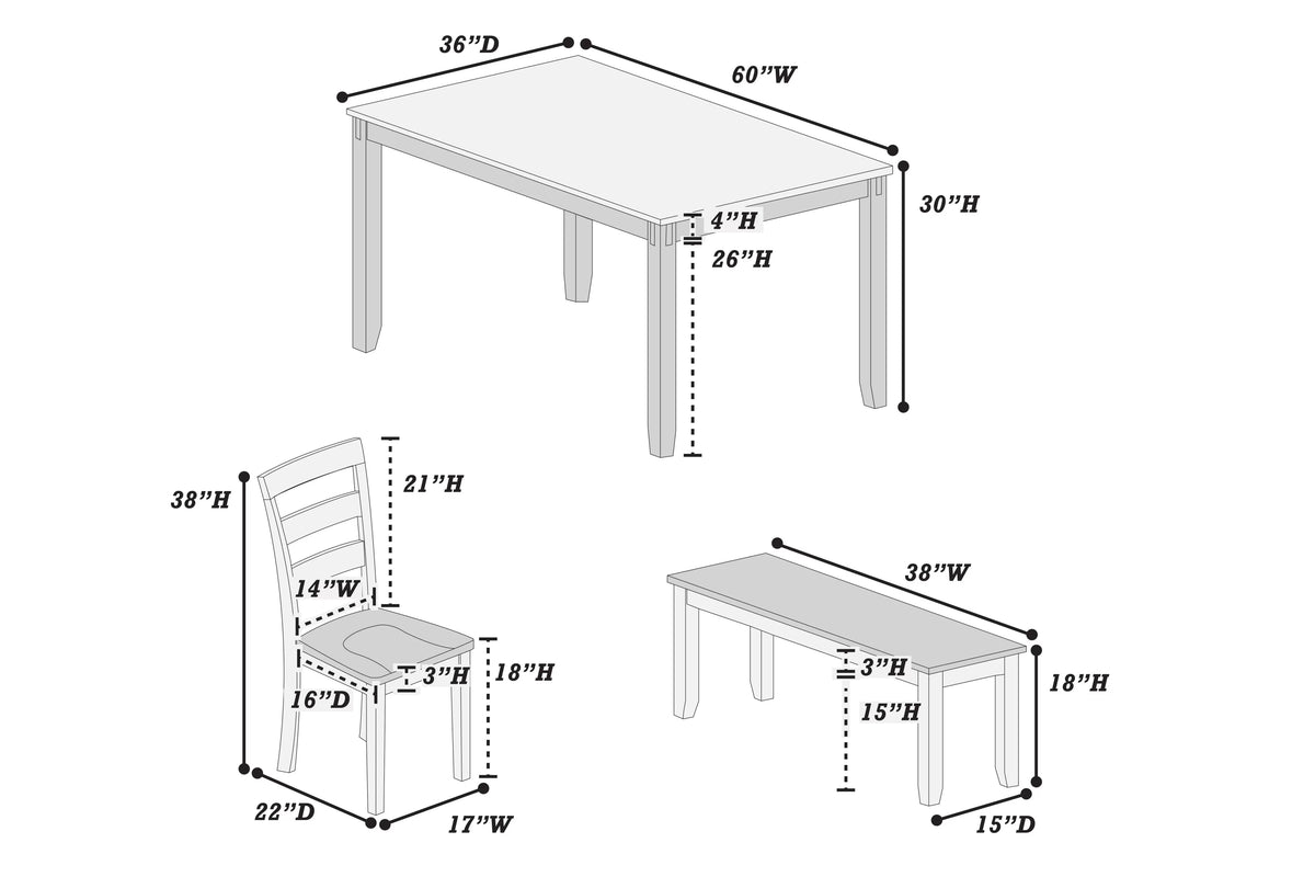 Dimensions: table 60x36x30, chair 17x22x38, bench 38x15x18 inches