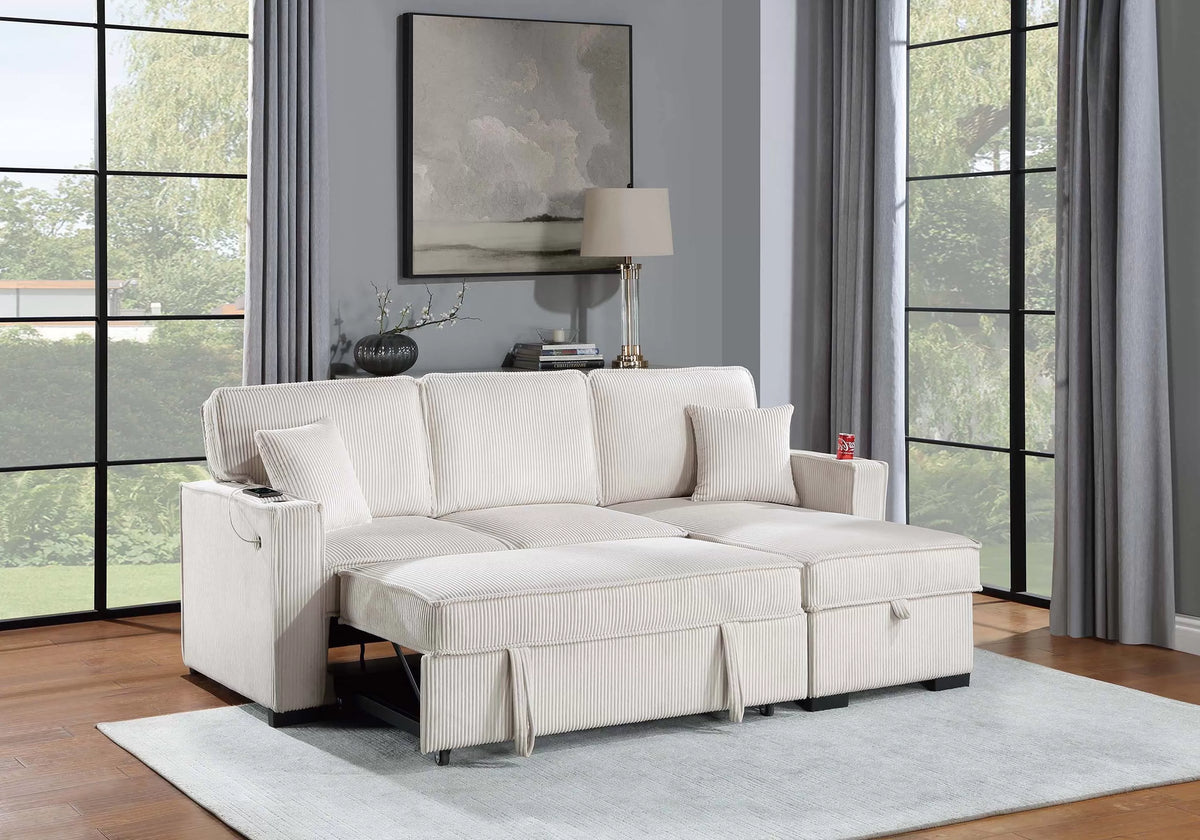 Beige corduroy convertible sectional with reversible storage chaise, view 2