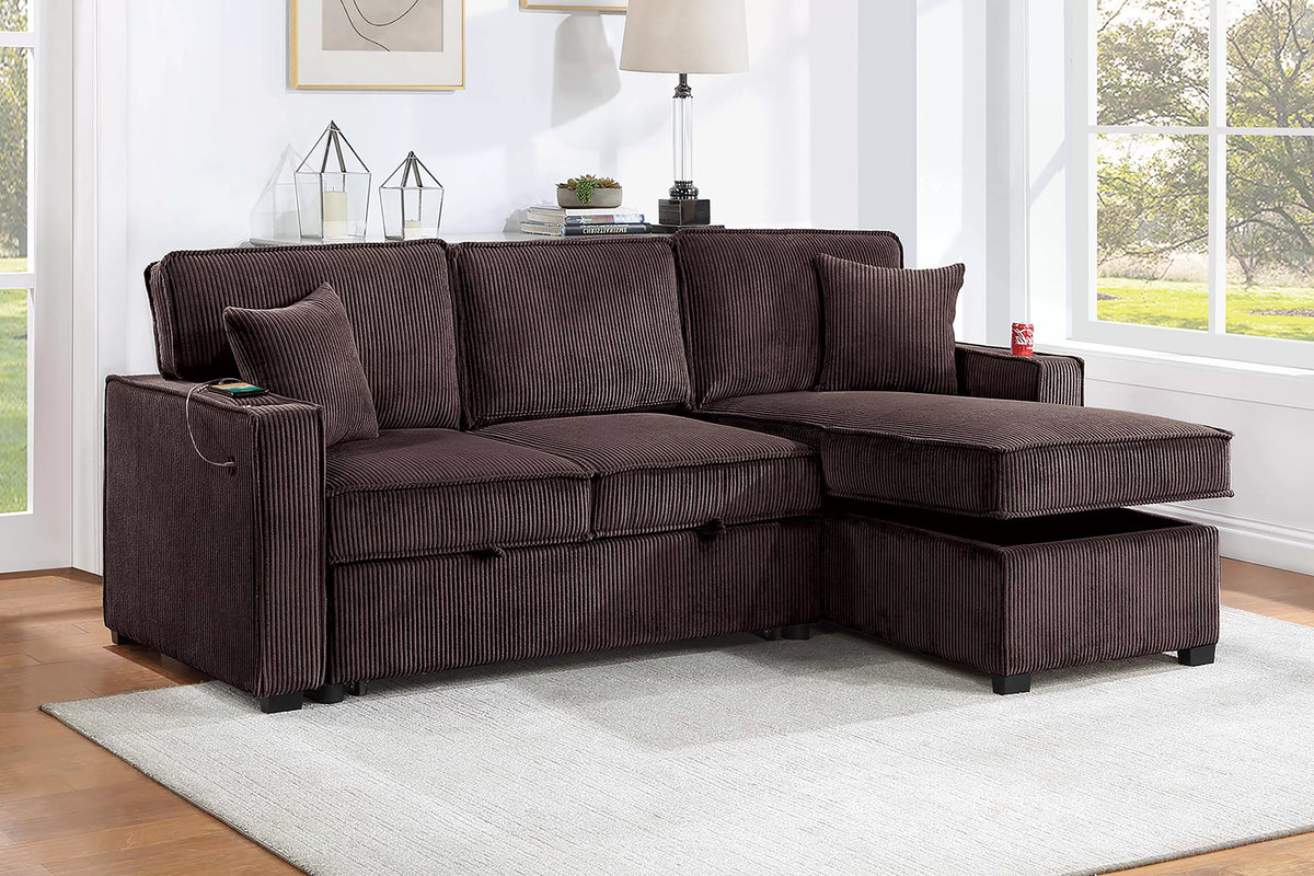 Chocolate corduroy convertible sectional with reversible storage chaise