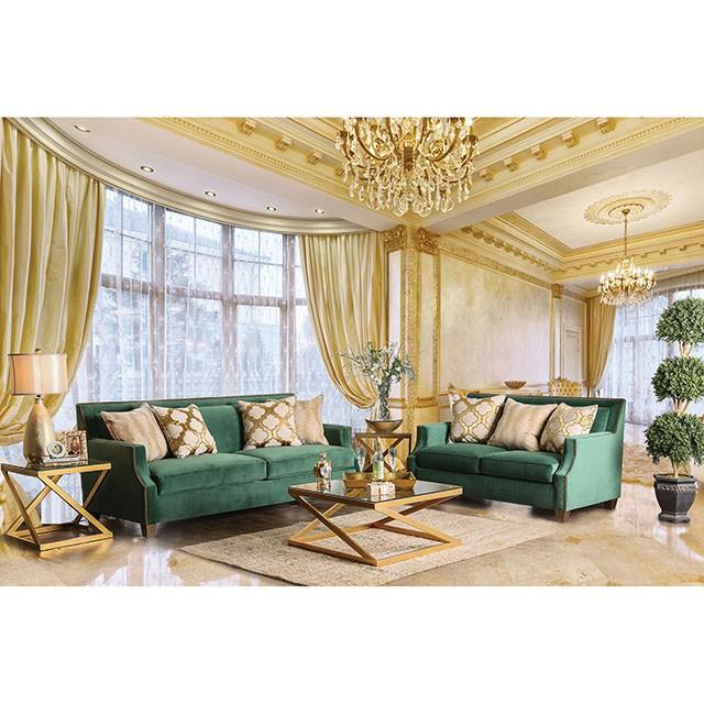 VERDANTE Emerald Green/Gold Love Seat VERDANTE Emerald Green/Gold Love Seat Half Price Furniture