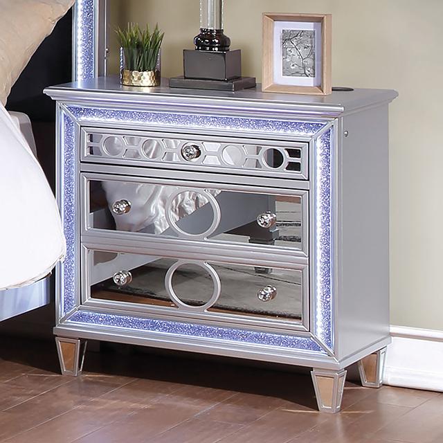 MAIREAD Night Stand w/ LED, Silver MAIREAD Night Stand w/ LED, Silver Half Price Furniture