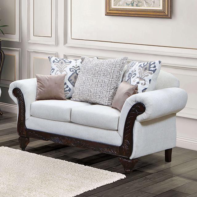 POMEZIA Loveseat, Beige/Dark Walnut Half Price Furniture