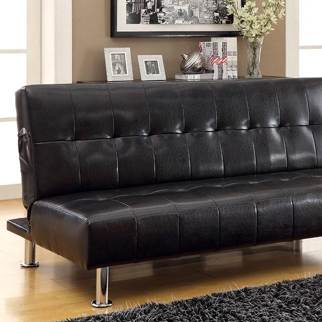 Bulle Black/Chrome Leatherette Futon Sofa, Black Bulle Black/Chrome Leatherette Futon Sofa, Black Half Price Furniture