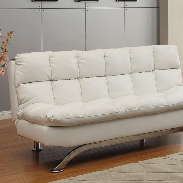 Aristo White/Chrome Futon Sofa, White  Las Vegas Furniture Stores
