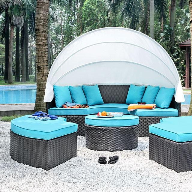 ARIA Light Brown Wicker/White Awning/Turquoise Cushion Patio Canopy Daybed  Las Vegas Furniture Stores