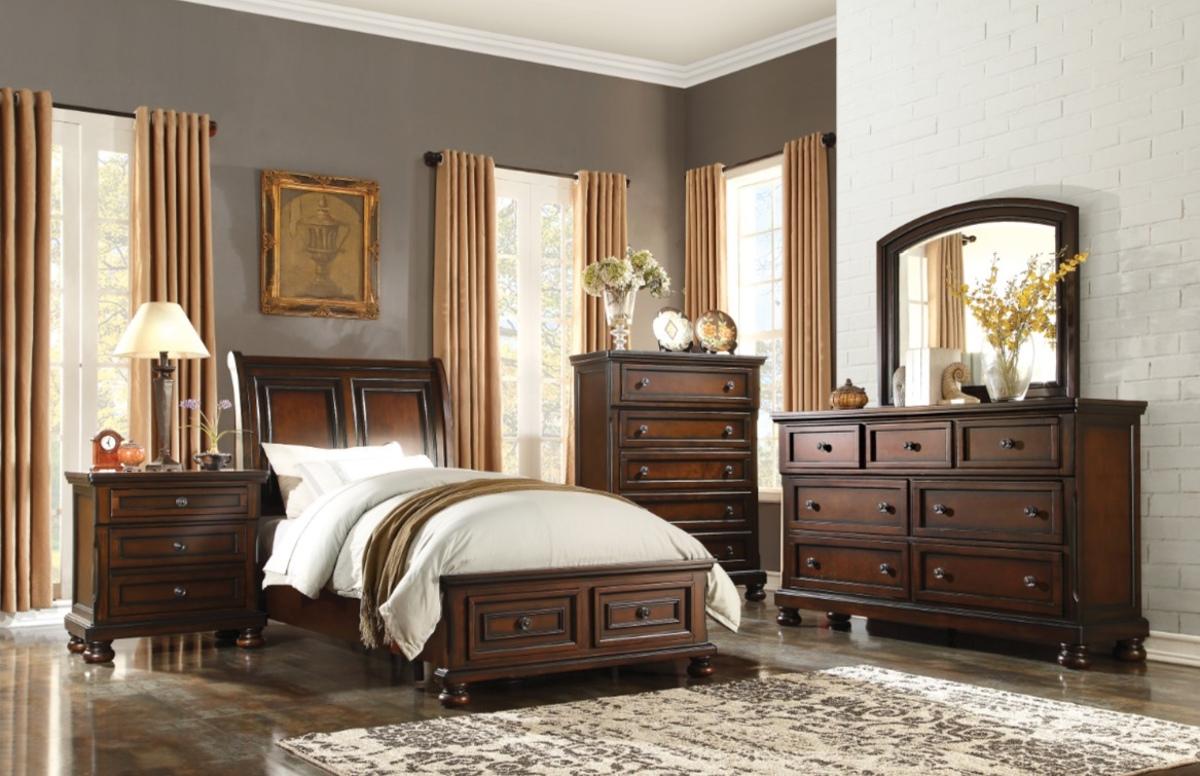 Homelegance Cumberland Queen Sleigh Platform Bed with Footboard Storage in Brown Cherry 2159-1* - Bed - Half Price Furniture