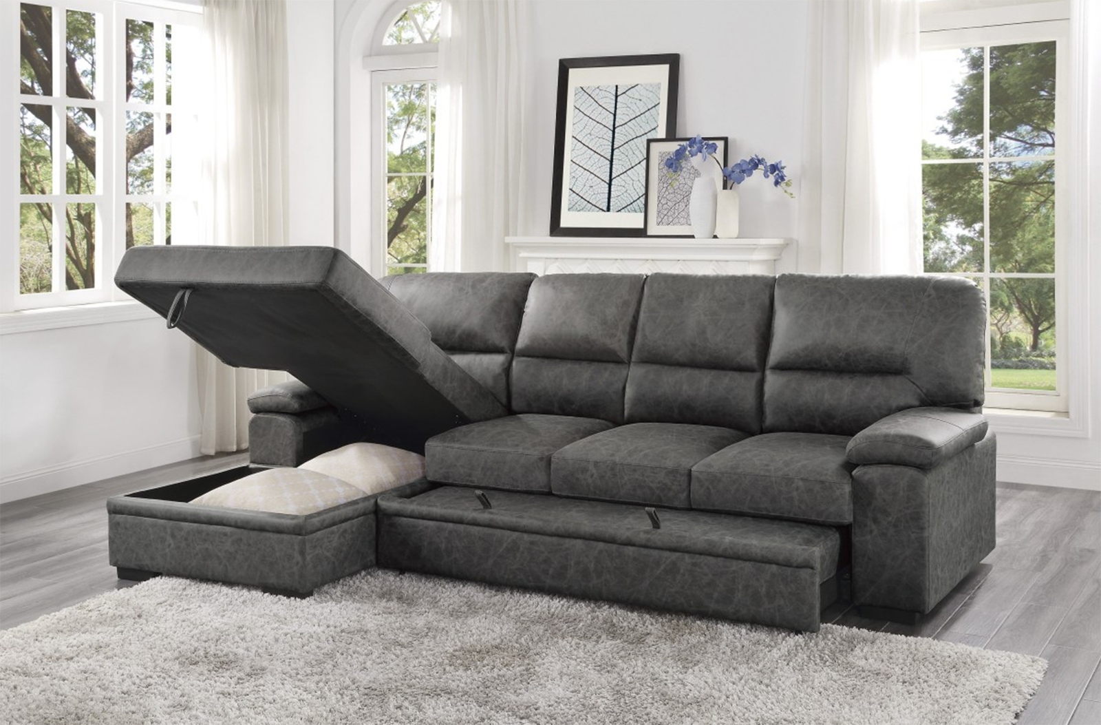 Homelegance Furniture Michigan Sectional with Pull Out Bed and Left Chaise in Dark Gray 9407DG*2LC3R - Sectional - Half Price Furniture