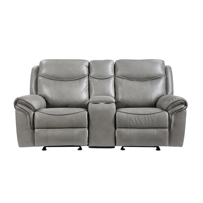 8206GRY-2 - Double Glider Reclining Love Seat with Center Console, Receptacles and USB Ports Half Price Furniture