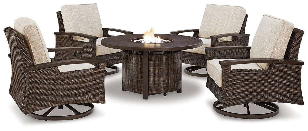 Paradise Trail Paradise Trail Fire Pit Table with 4 Nuvella Swivel Lounge Chairs Half Price Furniture