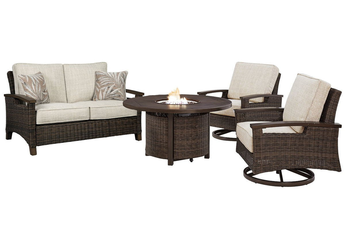 Paradise Trail Outdoor Loveseat, Lounge Chairs and Fire Pit Table - Half Price Furniture