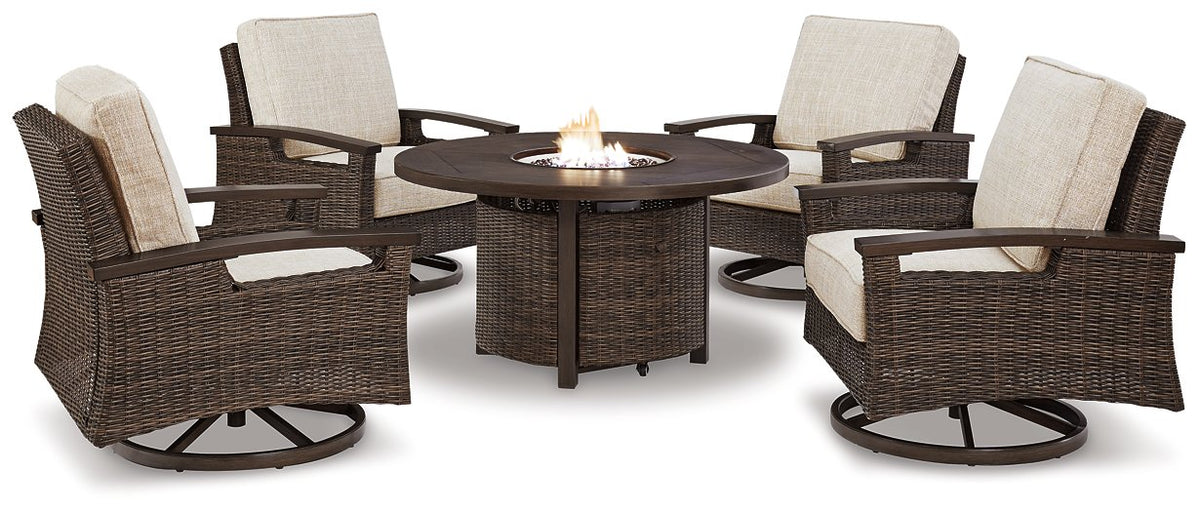 Paradise Trail Paradise Trail Fire Pit Table with 4 Nuvella Swivel Lounge Chairs  Half Price Furniture