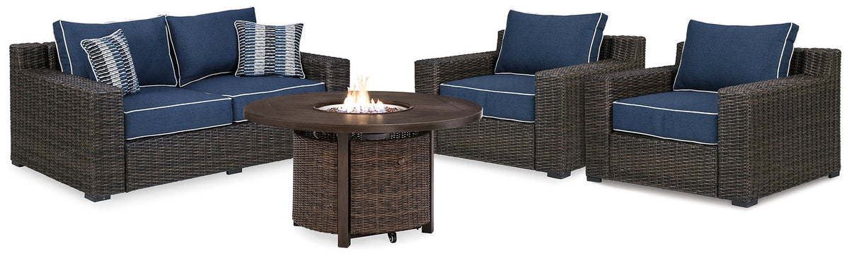 Grasson Lane Grasson Lane Nuvella Loveseat and 2 Lounge Chairs with Fire Pit Table  Half Price Furniture