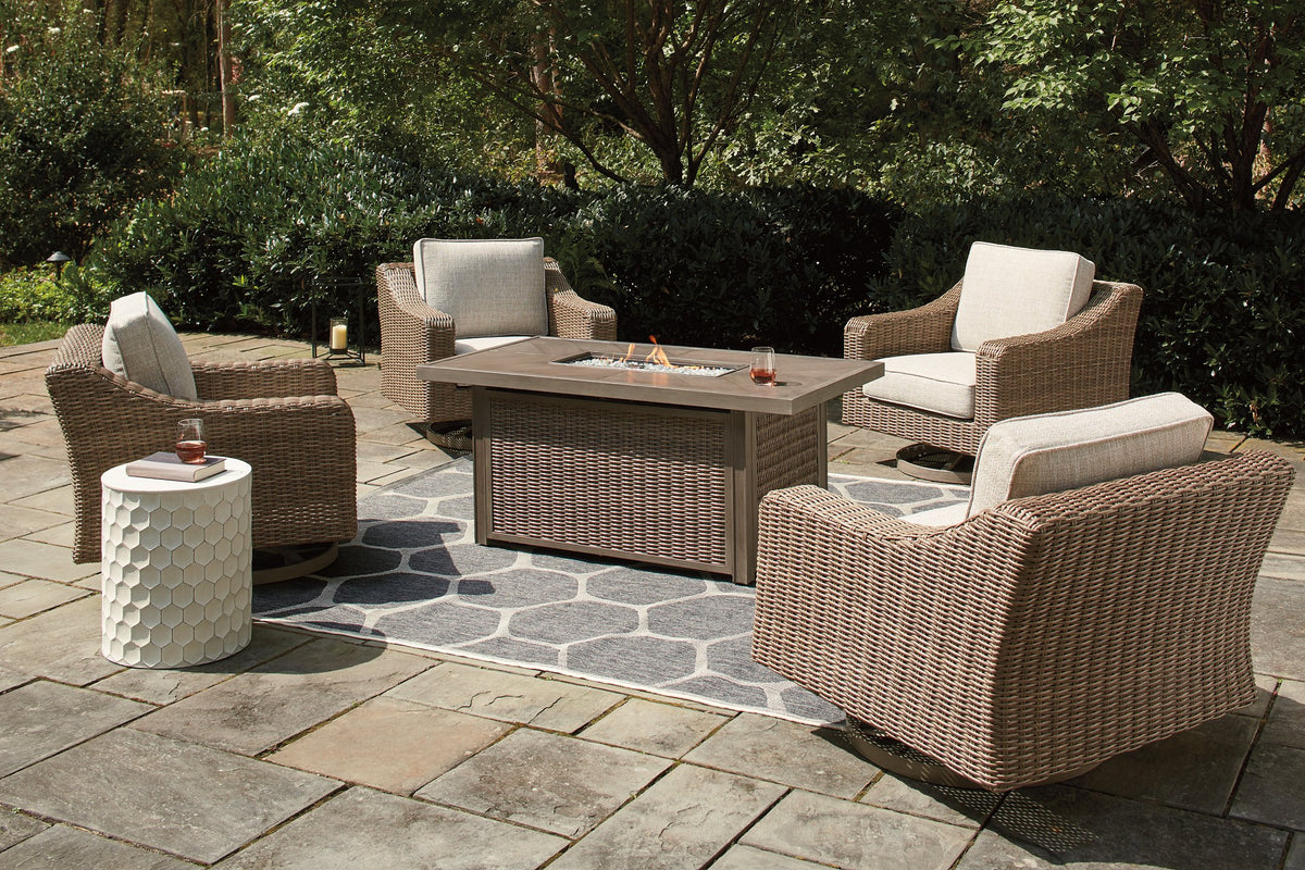 Beachcroft Beachcroft Fire Pit Table with Four Nuvella Swivel Lounge Chairs - Outdoor Seating Set - Half Price Furniture