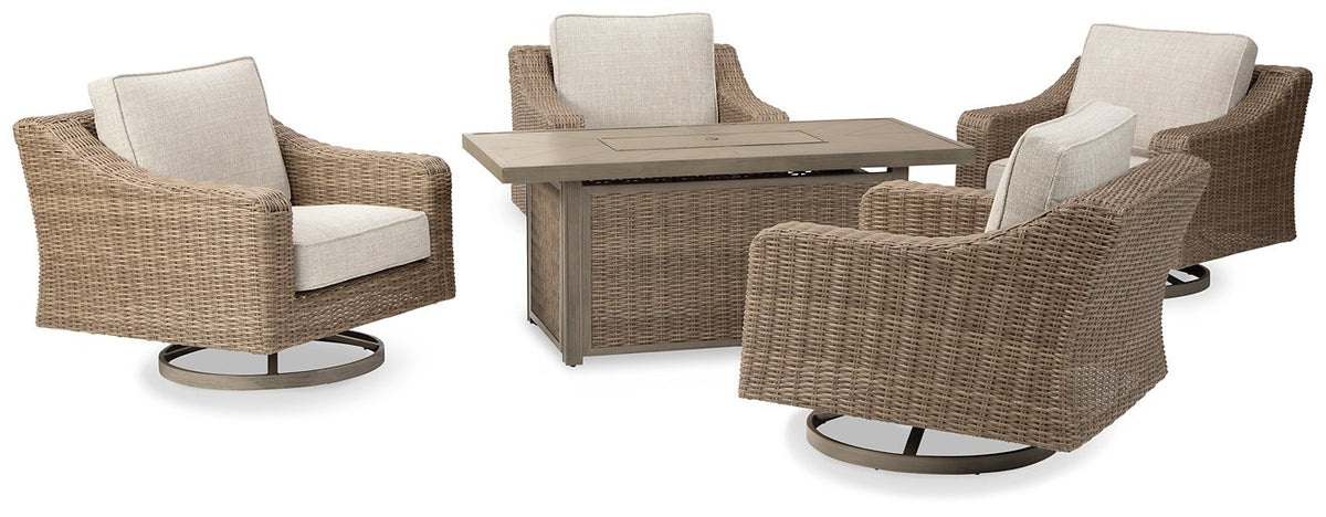 Beachcroft Beachcroft Fire Pit Table with Four Nuvella Swivel Lounge Chairs  Las Vegas Furniture Stores