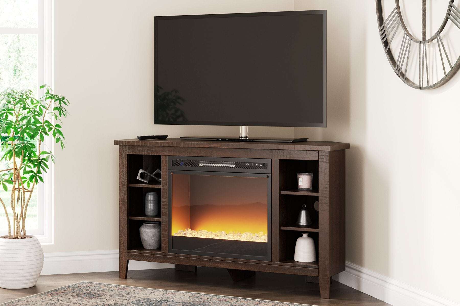 Camiburg Corner TV Stand with Electric Fireplace Half Price Furniture