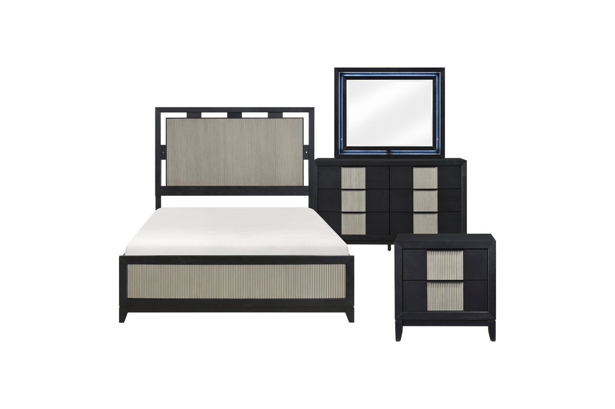 4 piece set: LED panel bed, nightstand, dresser and LED mirror