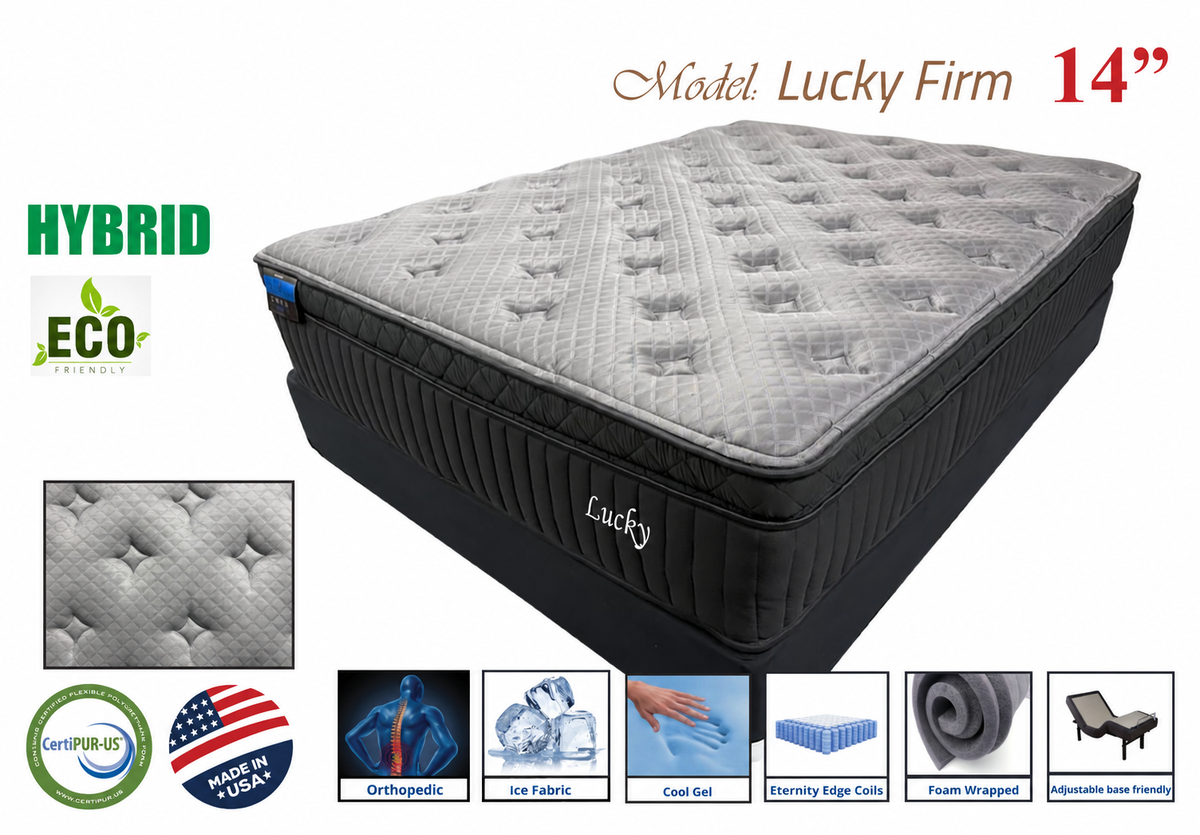 Lucky Firm 14 inch Hybrid Mattress features - cool gel, ice fabric, made in USA, CertiPUR-US