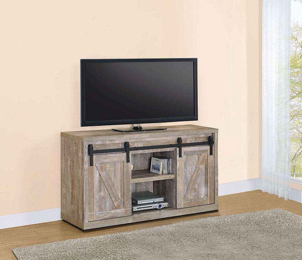 Weathered Oak TV Console 48 Inch with Sliding Barn Doors for Stylish Living Room Storage