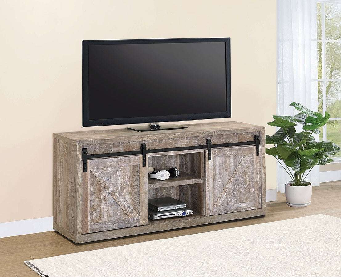 Weathered Oak TV Console 59 Inch with Sliding Barn Doors for Rustic Home Decor - Half Price Furniture