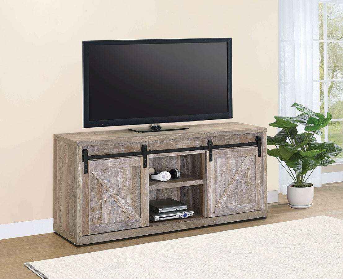 Weathered Oak TV Console 59 Inch with Sliding Barn Doors for Rustic Home Decor