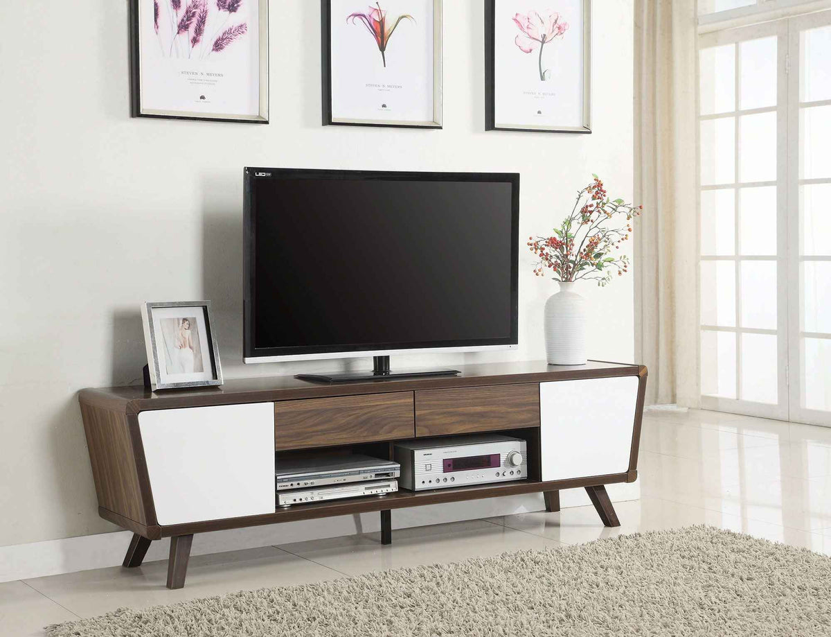 Glossy White and Chestnut TV Stand for Modern Living Rooms