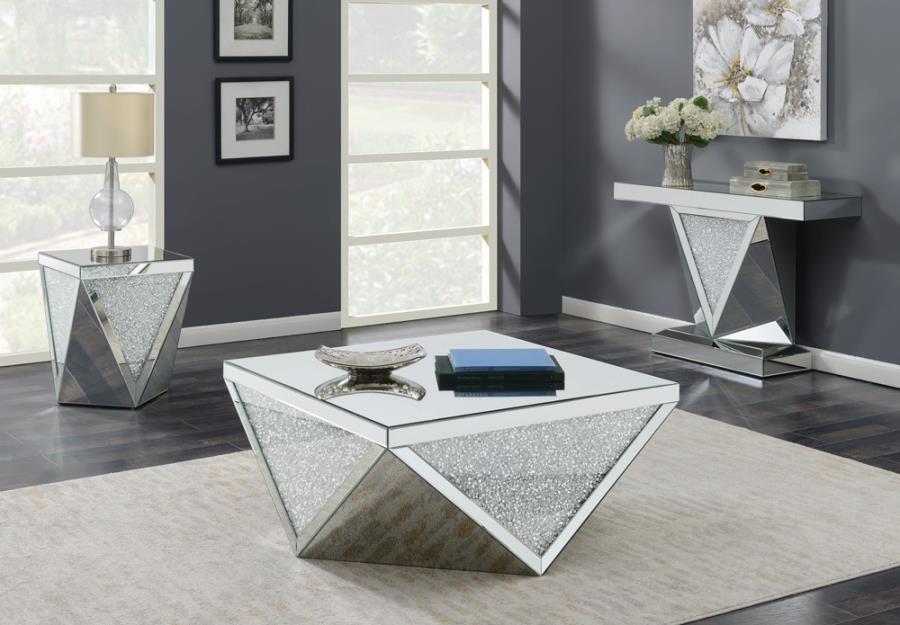 Square Coffee Table with Triangle Detailing Silver and Clear Mirror Square Coffee Table with Triangle Detailing Silver and Clear Mirror Half Price Furniture