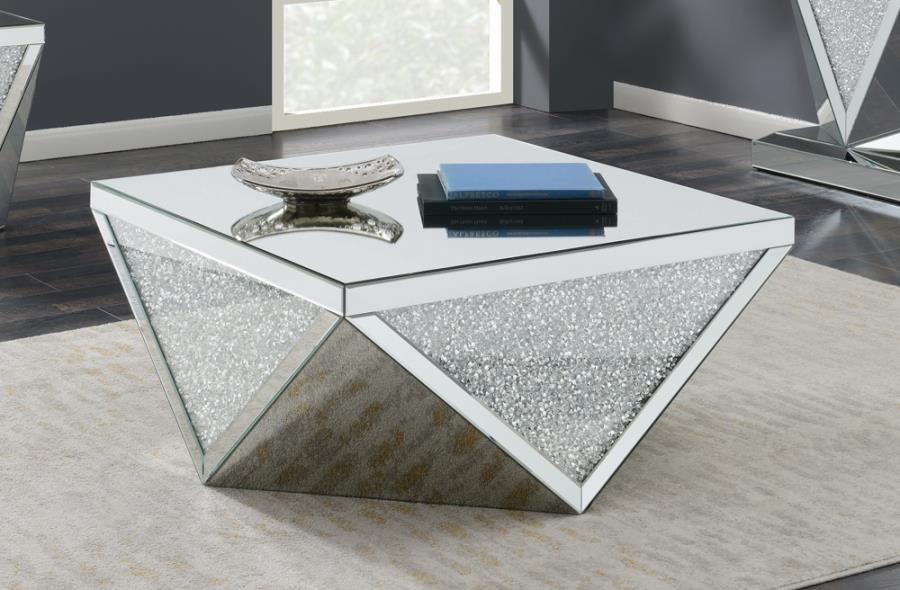 Square Coffee Table with Triangle Detailing Silver and Clear Mirror - Las Vegas Furniture Stores