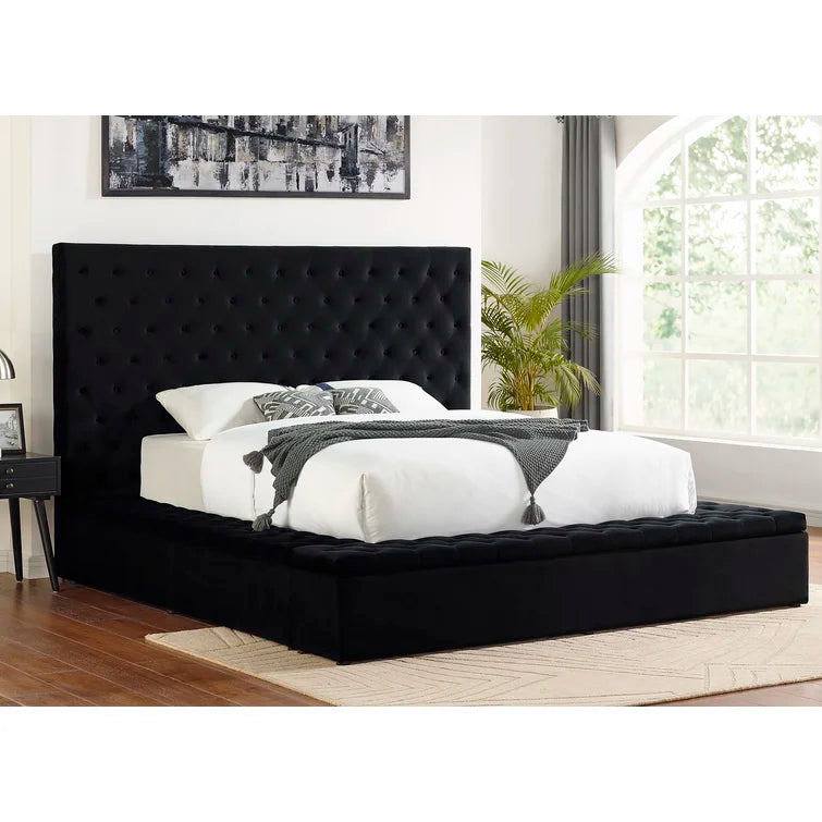 Tufted velvet fabric platform bed frame with storage all around - Las Vegas Furniture Stores