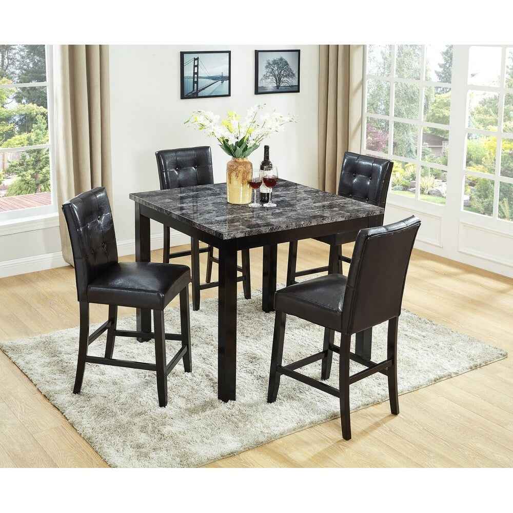 Square 5-Piece Counter Height Wood Table Set with Gray Faux Marble Top - Perfect Dining Solution